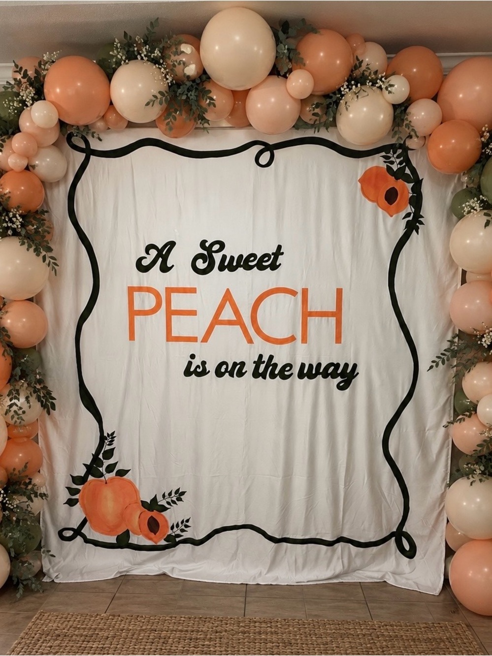 A Sweet Peach Is On The Way Baby Shower Backdrop & Onesie Garland Set